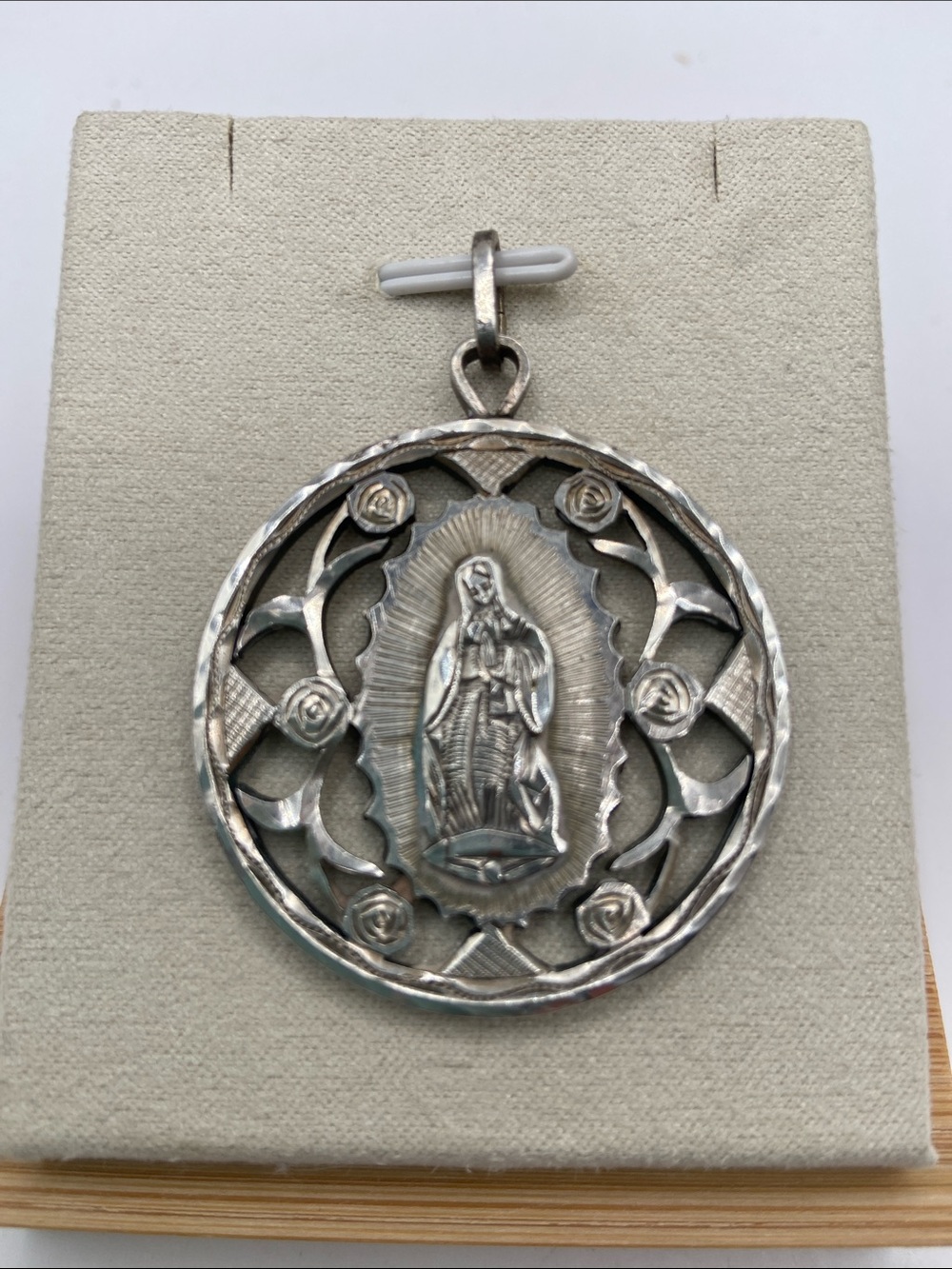 Silver Mexican 5 Peso Virgin Mary Coin Pendant Hand Carved Vintage Collectible